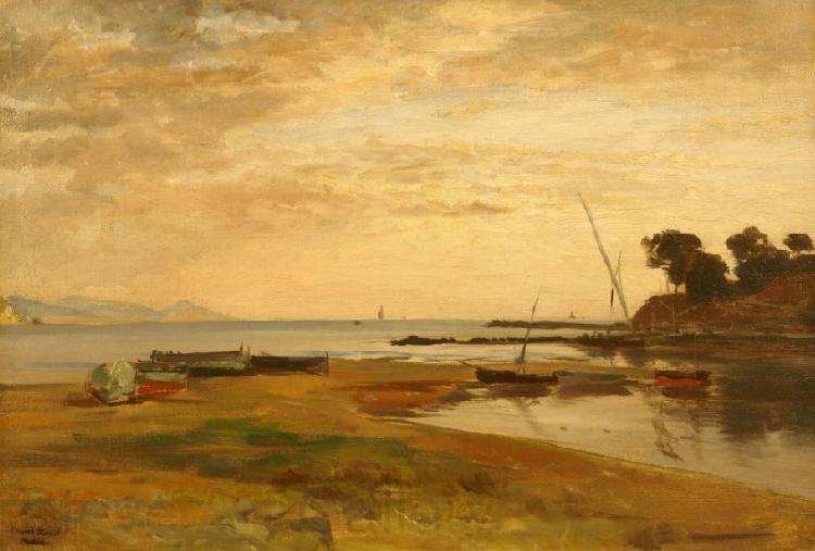 Albert Hertel Coastline at low tide in the evening light. Resting in the foreground dry sailing boats